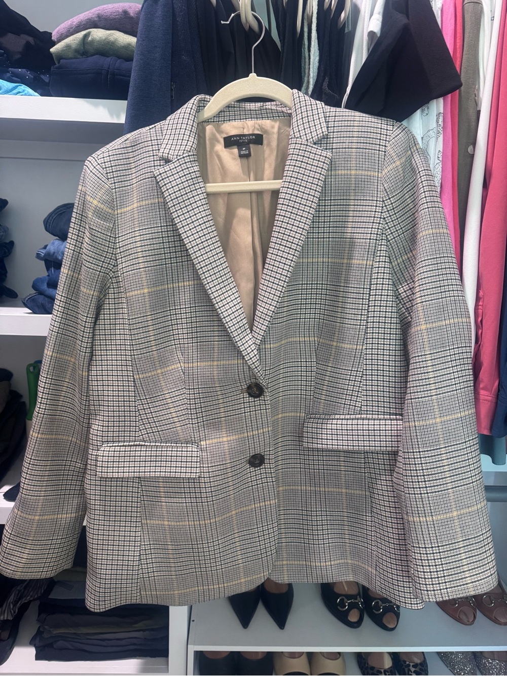 Ann Taylor Plaid Blazer in Gray with Tan Accents